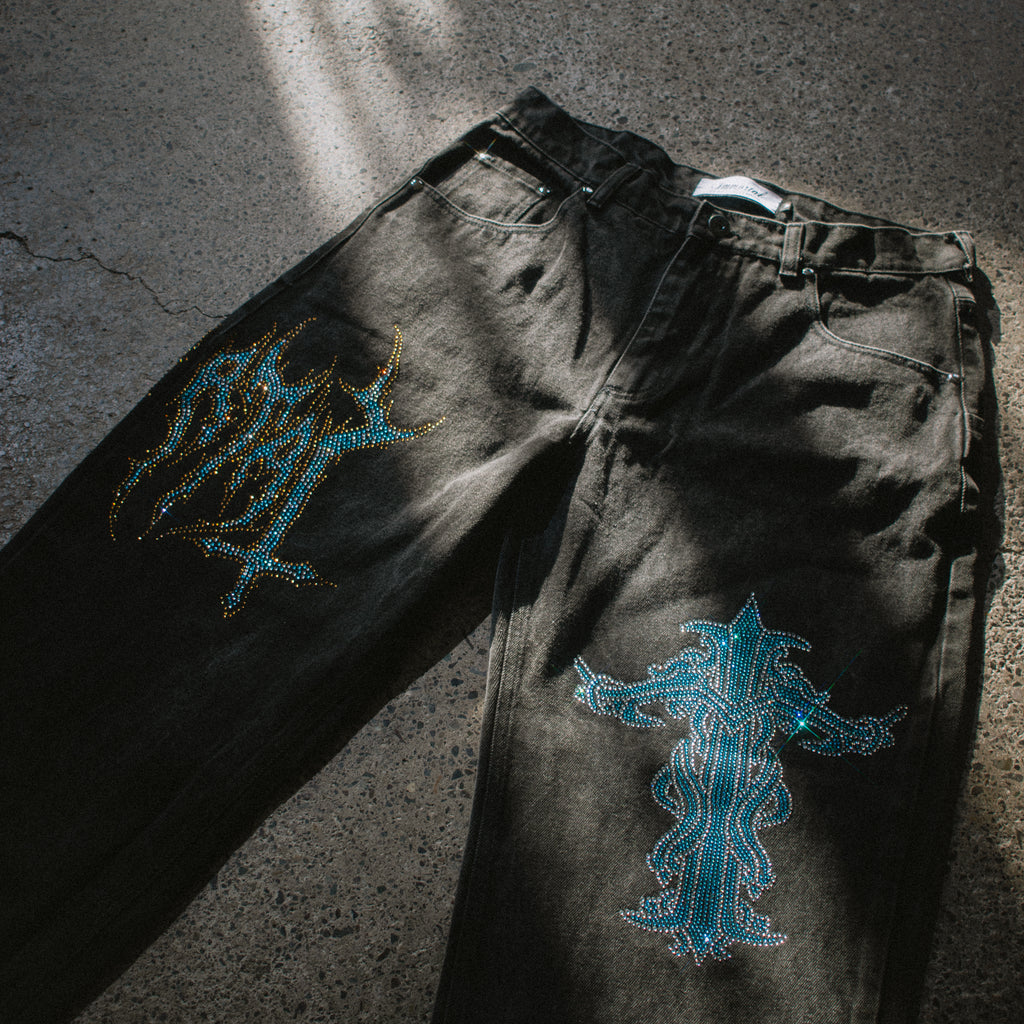 HEAVYGLOOM SKY BLUE CRUCIFIX BAGGY JEANS M