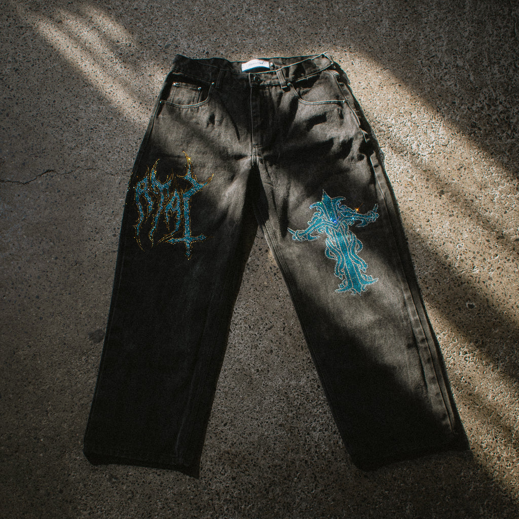 HEAVYGLOOM SKY BLUE CRUCIFIX BAGGY JEANS M